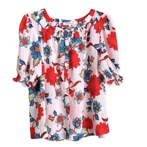 Rose+Olive Size M Orange-Turquoise Floral Bohemian Button Front Puff Sleeve Top